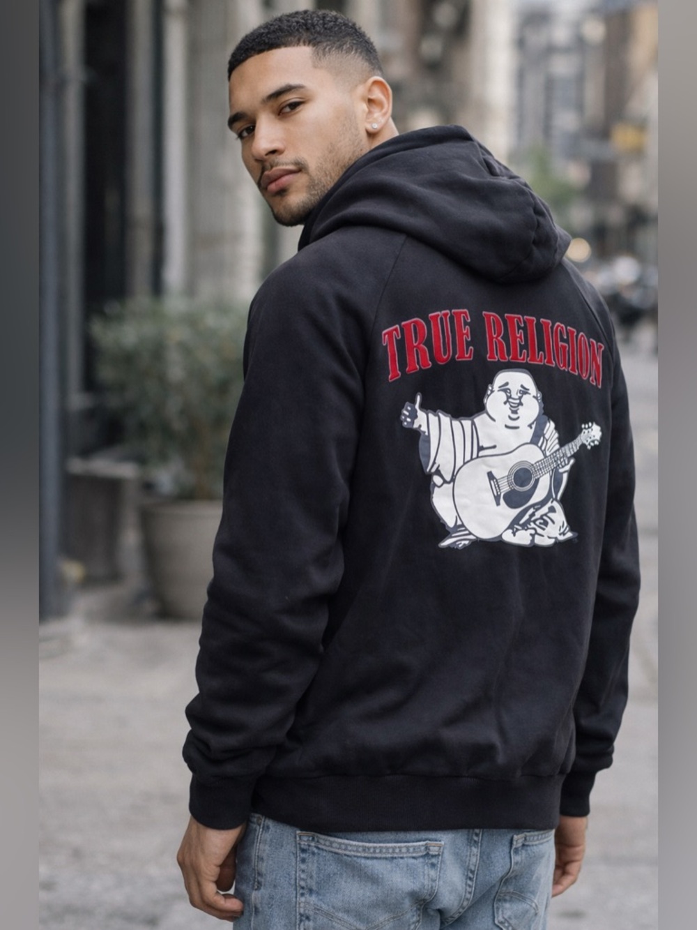 True Religion Black Hoodie Buddha Graphic Red Logo Pullover M Streetwear Y2K